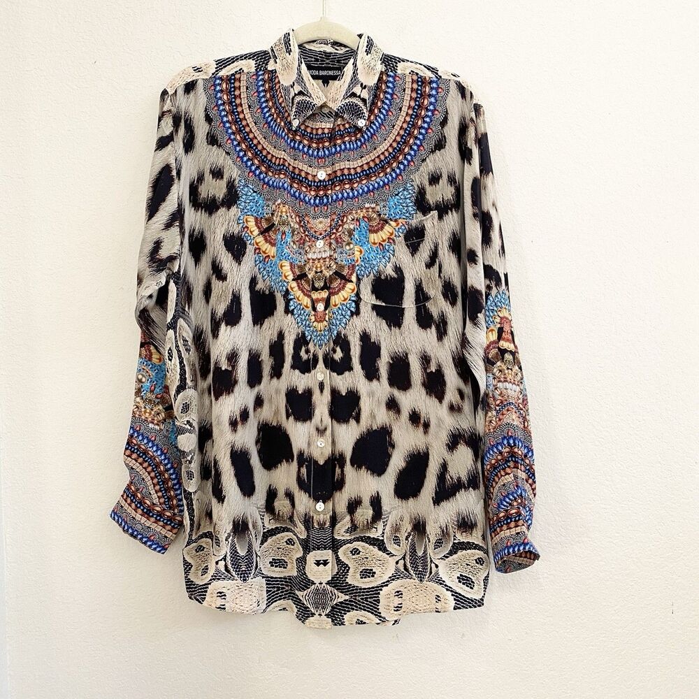 Moda Baronessa Button Up Blouse Multicolor Animal Print 100% Silk Small‎ Tunic